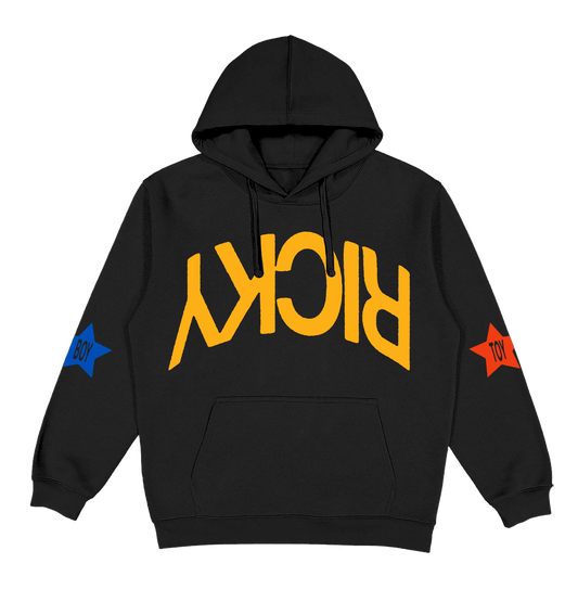 This image features a stylish black hoodie designed for boys, highlighted by its bold and vibrant graphics. The hoodie displays the word "RICKY" in large yellow letters across the chest, creating a striking contrast against the dark background.