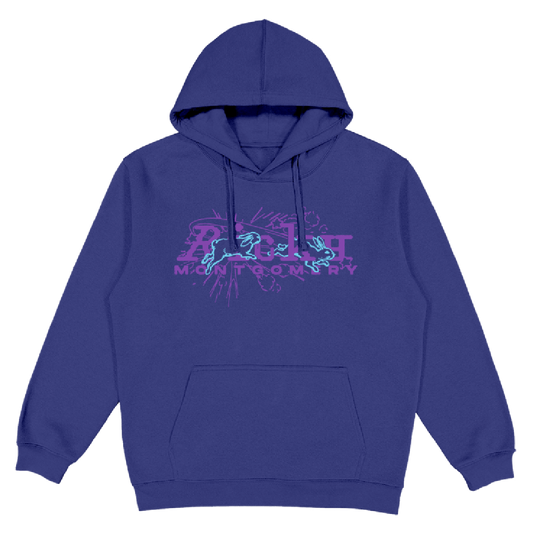 Cobalt blue hoodie with a graphic print in the center featuring the text 'BUNNY MONTGOMERY' in a stylized font.