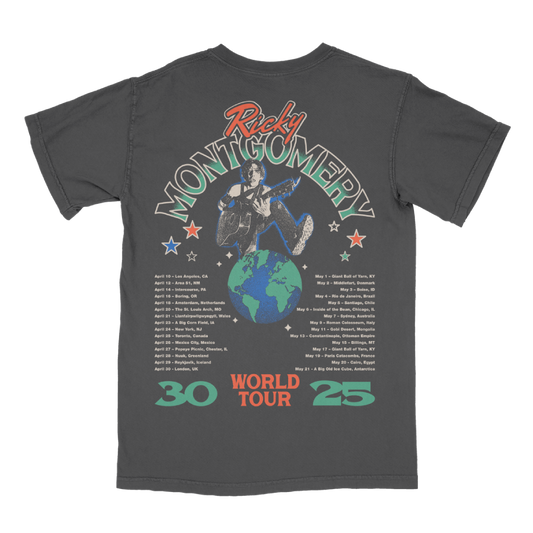 Gray t-shirt with 'Ricky Montgomery 3025 World Tour' graphic on a white background