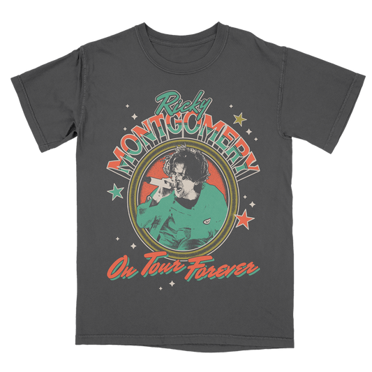 Gray t-shirt with a graphic of a person in a green shirt and text 'Ricky Montgomery On Tour Forever' on a white background